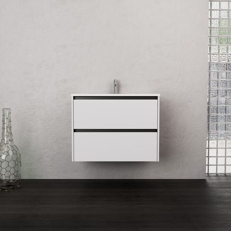 Inda - Badezimmerschrank 2 Schubladen B.80 mit mattiertem Waschbecken / Mattweiß - Smeraldo