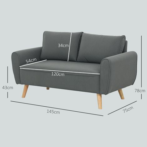 Canapé 2 places en velours côtelé gris foncé, structure bois, assise profonde 54 cm, deux coussins, capitonné, compact pour salon, chambre ou bureau, dimensions 145 x 75 x 78 cm (1/5)
