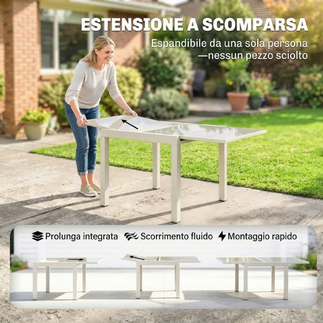 Table de jardin extensible en aluminium blanc crème avec plateau en verre trempé, réglable pour extérieur