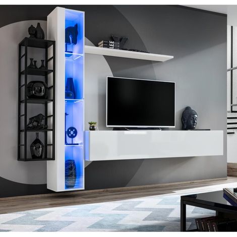 Ensemble Meuble TV Design "Switch VII" 240cm Blanc & Noir (1/4)