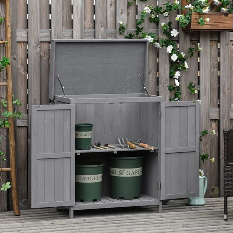 Armario de jardín 74x43x88 cm gris en madera con doble puerta y 2 estantes (1/5)