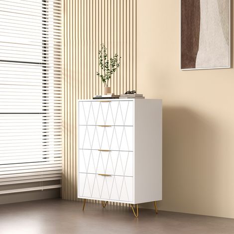 Cassettiera 4 cassetti 60x34x90 cm - Mobile contenitore compatto con motivo a diamante e gambe a spillo - Pannelli di particelle e metallo - Bianco