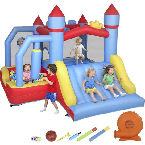 Château gonflable - AIYAPLAY - 5 en 1 - souffleur, toboggans, trampoline, panier de basket - Oxford - 277x270x215cm - multicolore