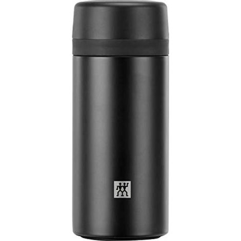 ZWILLING THERMO Botella térmica, Colador integrado, Botella térmica para té y agua infusionada, Aislamiento de doble pared, 420 ml, Altura: 17,2 cm, Negro (1/5)