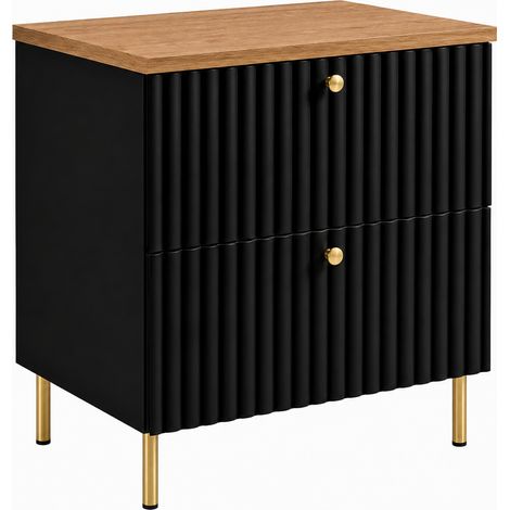 Meuble de salle de bain sur pieds avec plan 60, noir + plan chêne craft, poignées en trois couleurs, pieds dorés, 60 x 46 x 73,6 cm (1/5)