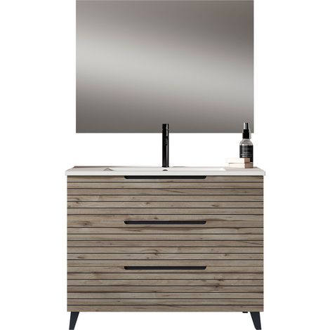 Kibath Mueble de baño con Lavabo, Espejo y Aplique LED KEN 100x45 cm acabado DESIERTO mate 3 cajones con patas (1/5)