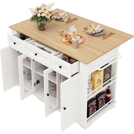 Ilot central de cuisine extensible Blanc,desserte Cuisine avec 3 Tiroirs et 3 portes,151.5x60(85)x91.7cm (1/5)