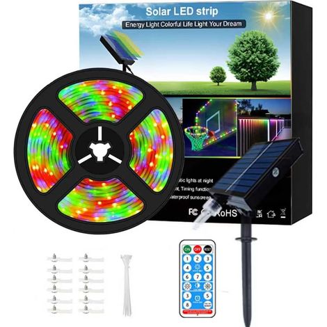 Solar Led Strip Lights Outdoor Waterproof with Self-Adhesive, 8 Modes with Remote Timer, Perfect for Deck, Patio, Pathways, Camping Decor, 6M Four-Color Fixed (1/5)