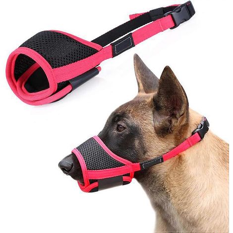 Nylon-Maulkorb für Hunde mit Schnalle und weichem Polster, rot und schwarz.