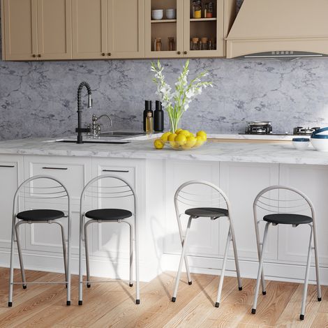 Tabouret de bar pliable pratique avec dossier, adapté intérieur extérieur et divers espaces, 4 pièces, pieds argentés, assise noire