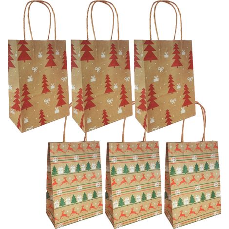Sac Cadeau En Papier Kraft - Motif Noël Flocon Arbre Ornements - Poignées Renforcées - Lot de 50 Pièces (1/5)
