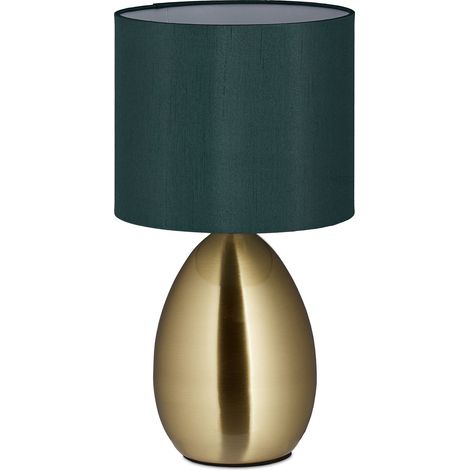 Relaxdays Tischlampe, Metallfuß, Stoffschirm, E14, HxD 33,5x18 cm, Nachttischlampe mit Kabel, Schlafzimmer, messing/grün