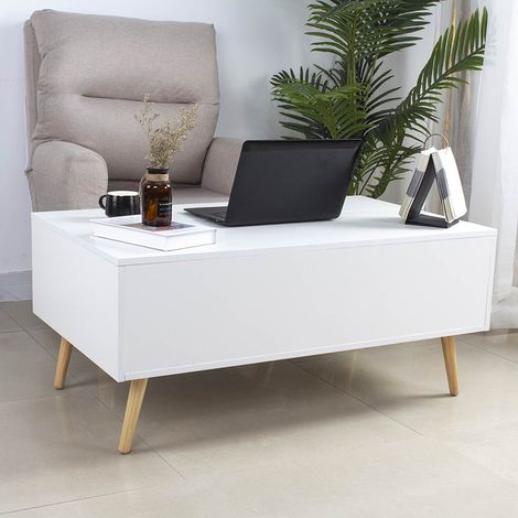 Tavolino Soggiorno con Rialzo Contenitore Tavolo Salotto Moderno Apribile Bianco (1/5)