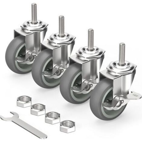 4er Lenkrollen Rollen für Möbel, Drehbar Möbelrollen mit Gewindestange und Bremsen 75mm bis 120KG M10 x 1,5 x 30 mm (1/5)