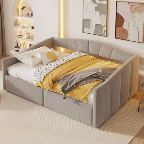 Lit banquette classique 140x200 cm en velours gris clair avec coffre hydraulique, sommier à lattes et accoudoirs (1/5)