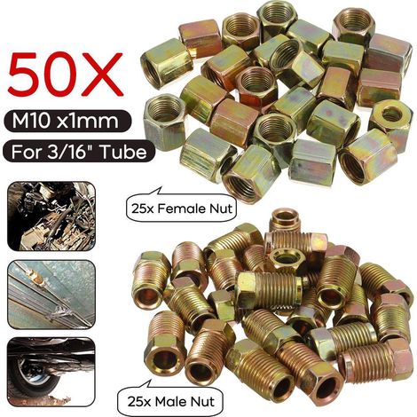 Raccords de frein en fer zingué 10mm x 1mm, lot de 50 pièces : 25 mâles + 25 femelles, connecteurs hydrauliques robustes pour système de freinage, diamètre 10mm, épaisseur 1mm. (1/5)
