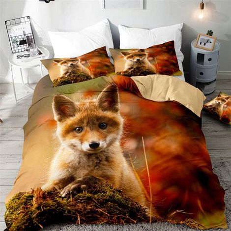 3D Fox Printed Duvet Cover Bedding Set for Double Bed, Microfibre Bedding Set with Duvet Covers Pillowcases (140 x 200 cm, Autumn Fox) (1/5)