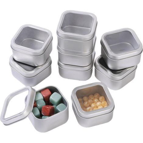 9x boîtes en fer blanc avec fenêtre, 4 oz, carrées, argentées, pour bougies, bijoux et fournitures d'artisanat (1/4)