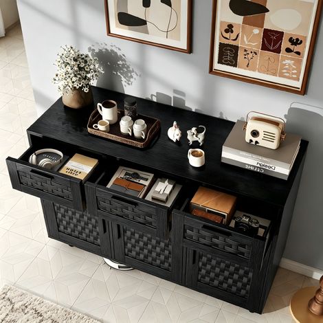 Buffet de rangement en cannage 108x40x80cm, Commode à 3 portes et 3 tiroirs , Meuble de Rangement, Armoire Tiroirs en Rotin, Buffet pour Salon, Chambre, Salle à Manger, couleur noir