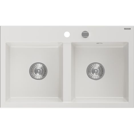 Mexen Hektor évier en granit 2 bacs 800 x 480 mm, blanc, siphon chromé - 6521802000-20