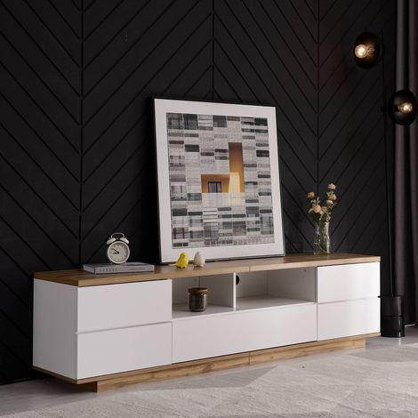 Meuble TV 180 cm blanc moderne motifs bois finition bloc couleur meuble bas (1/5)