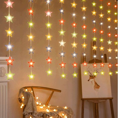 Rideau décoratif couleur en étoile à cinq branches, lumineux LED, 32 mètres 200 lumières, lumière d'ambiance, télécommande USB (1/5)