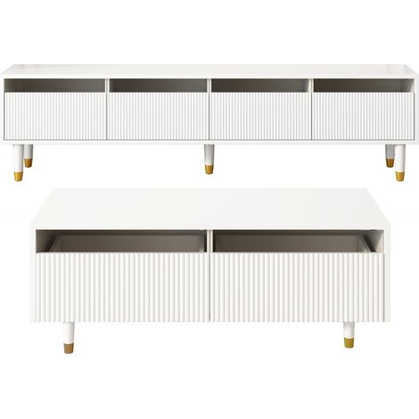Ensemble meuble TV 4 portes et table basse 2 tiroirs en MDF blanc avec éclairage LED multicolore et design ondulé (1/5)