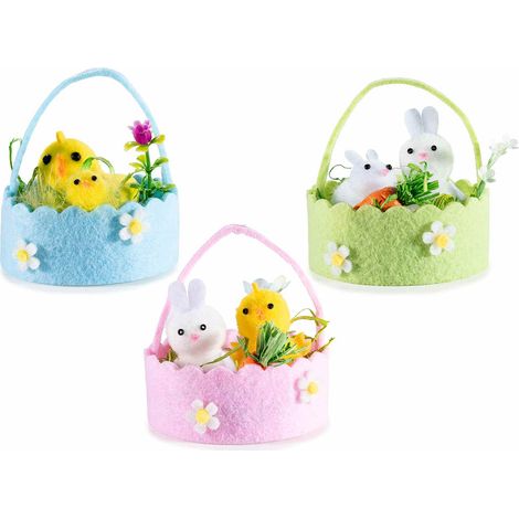 Cestini di Pasqua in panno con fiorellini, coniglietti e pulcini pasquali, set da 12 pezzi, Ø 7 cm x 8 H