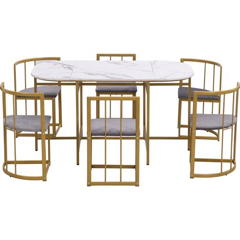 Set da pranzo bianco da 7 pezzi con 6 sedie e struttura dorata (1/5)
