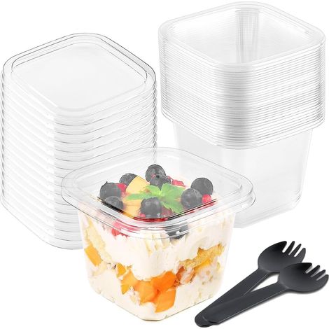 JSSEVN-Juego de 50 vasos de plástico para postre con tapa, vasos cuadrados de 360 ml, perfectos recipientes transparentes para servir, reutilizables con tenedores. (1/5)
