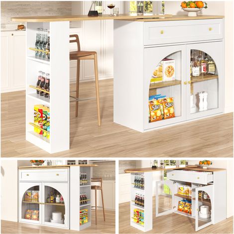 Table de bar extensible Blanc,Ilot de cuisine avec rangement,plan de travail,360°,138-204x39x104cm,bar cuisine salon (1/5)