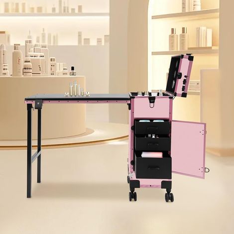 Mallette cosmétique multifonction professionnelle avec table, miroir LED et 3 tiroirs, valise cosmétique pour maquillage, charge totale de 50 kg, rose (1/5)