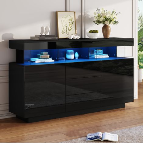 Sideboard 140/35/80 cm Schwarz Hochglanz mit LED, 3 Schubladen und Schiebetüren (1/5)