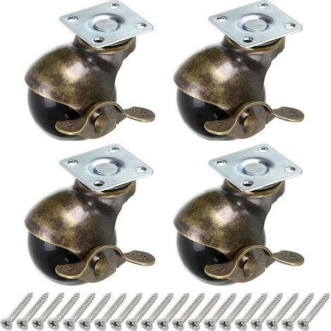 4 Pcs Roue à bille en bronze, roulettes de meubles 40mm, roulettes à boule arrondie avec frein, remplacement pour meubles, canapés, chaises, capacité de chargement 22,7kg par (1/5)
