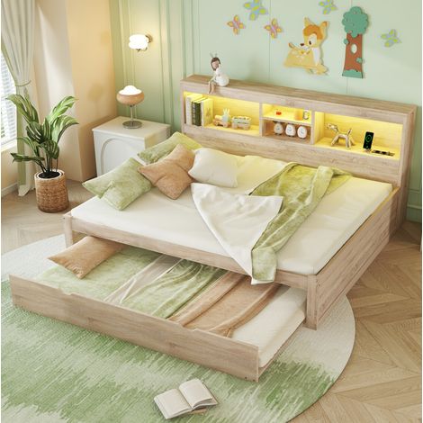 Lit 140x200 LED, rangement latéral, USB, naturel HAVRYA (1/5)