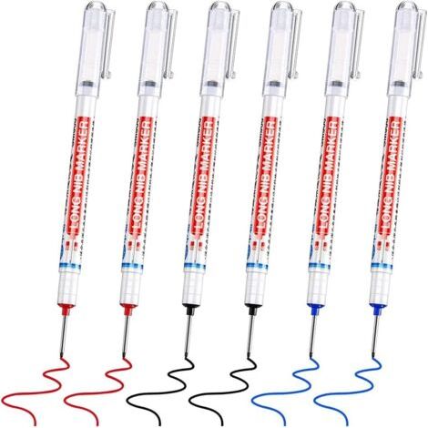 6pc Marqueurs Trou Profond, Stylo Marqueur Indélébile à Pointe Longue, Set Crayon de Charpentier Marqueurs Trou Profond, Marqueur Charpentier,Crayon de Menuisier Solide,Marqueur Precision Chant (1/5)