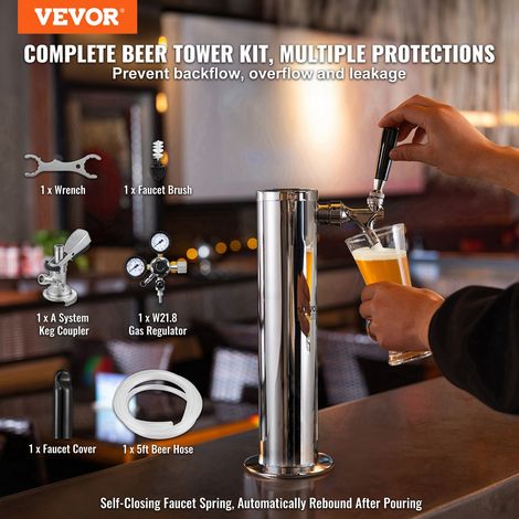Kit Colonne à Bière Un Robinet, Distributeur de Bière Boisson en Acier Inoxydable, Tireuse à Bière avec Régulateur à Double Jauge W21,8, Coupleur de Fût Système A et Plateau d'Égouttage, Bar (1/5)