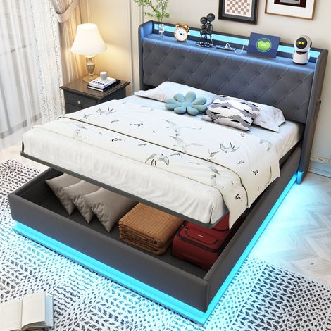 Cama tapizada 140/200 cm gris de lino con LED, USB y almacenaje hidráulico (1/5)