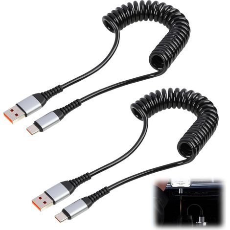 Lot de 2 câbles spiralés USB A vers USB C, 0,6-1,5 m, USB C, Android, voiture, câble de charge rapide, pour S23, S22, S21, S10, S9, S8, S7, câble de charge rapide, Android, voiture, câble de