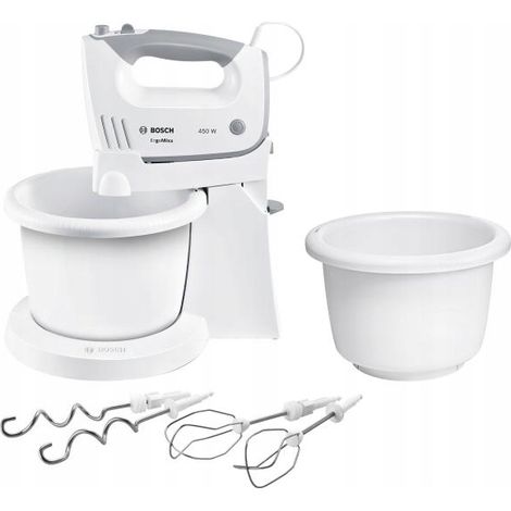 Batidora de mano Bosch ErgoMixx MFQ36465 con dos recipientes, 450 W, 5 velocidades, color blanco.
