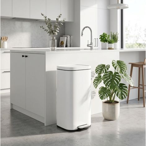 Poubelle de cuisine à pédale 30L 29x36x59,5 cm en métal blanc, moderne pour cuisine FloraGrace (1/5)