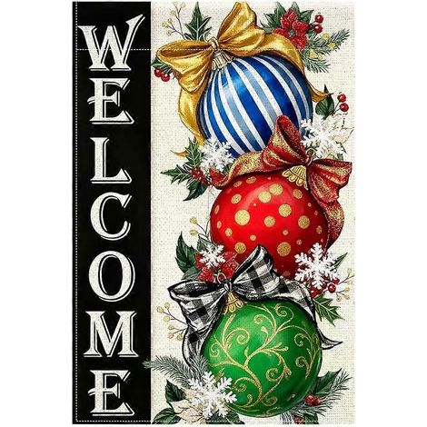 Boules de Noël uniques, branches de pin, drapeau de bienvenue pour jardin, décoration de cour extérieure, drapeau de maison, décorations de bienvenue (mât non inclus). (1/5)