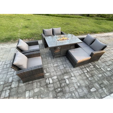 Fimous Wicker PE Rattan Garden Furniture Sets 7 Seater Patio Outdoor Gas Firepit Dining Table Heater Set with Double Seat Sofa Big Footstool Dark Grey Mixed (1/5)