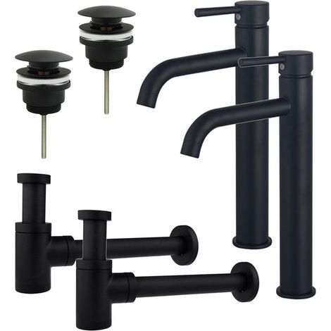 FugaFlow Eccelente Sobrado Kit robinet lavabo - pour double vasque - robinet rehaussé - bonde clic clac - siphon design bas - Noir mat (1/4)