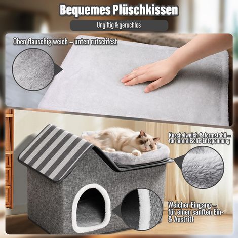 Maison pour chat pliable avec couchage supérieur confortable, niche d'intérieur 2 en 1 pour chat et petit chien, gris (1/5)