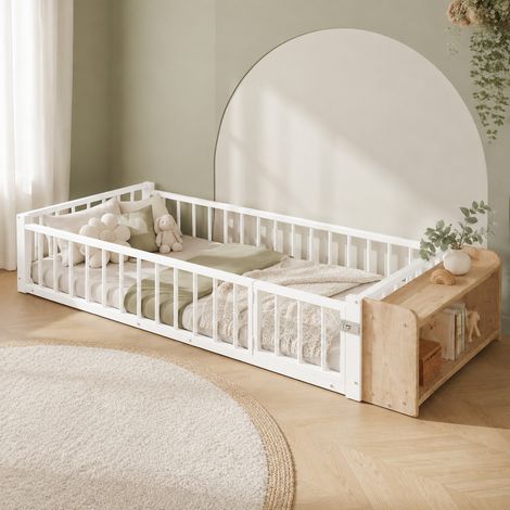 Letto basso, Letto in metallo, 90 x 200 cm, Struttura in metallo, Letto in ferro, Letto per bambini, Con barriera di protezione, Senza materasso, Scomparti chiusi, Luci LED a striscia, Bianco (1/5)