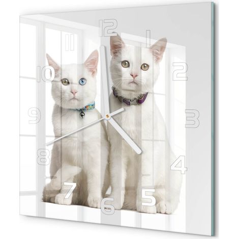Horloge Murale Carrée Style Moderne Verre Trempé Silencieuse pour Salon Chats blancs 30x30 cm (1/5)