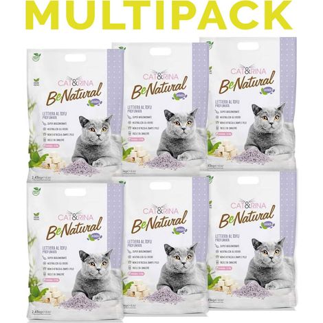 Cat&Rina lettiera per gatti al tofu da 5,5l. Lettiera gatto agglomerante vegetale. Fino a 30 giorni di utilizzo. Si smaltisce nell'organico o nel wc. Sabbia anti odore, Profumazione Lavanda, 6 pezzi