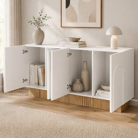 FLORAGRACE Buffet moderne à 4 portes, grand rangement, façade relief U et finition mate, meuble bas blanc et aspect bois pour salon, salle à manger, 160 × 38 × 75 cm (1/5)