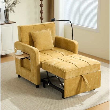 Fauteuil-lit 2 en 1 en chenille jaune moutarde, inclinable, coussin et poches, OKWISH (1/5)